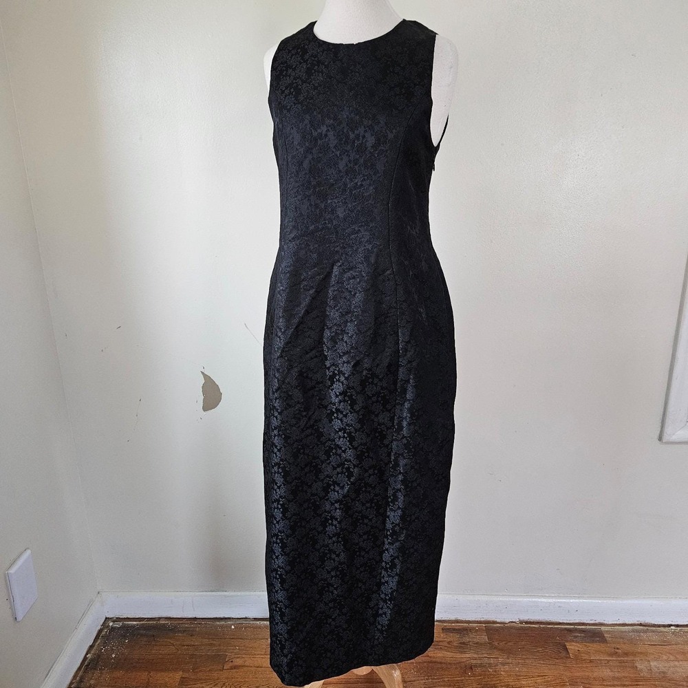 Vintage 90s Black Floral Brocade Evening Cocktail Dress Gown Back Cutouts M - Picture 2 of 7